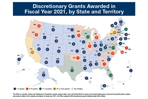 Map: OJJDP Discretionary Grants Awarded in Fiscal Year 2021, by State and Territory