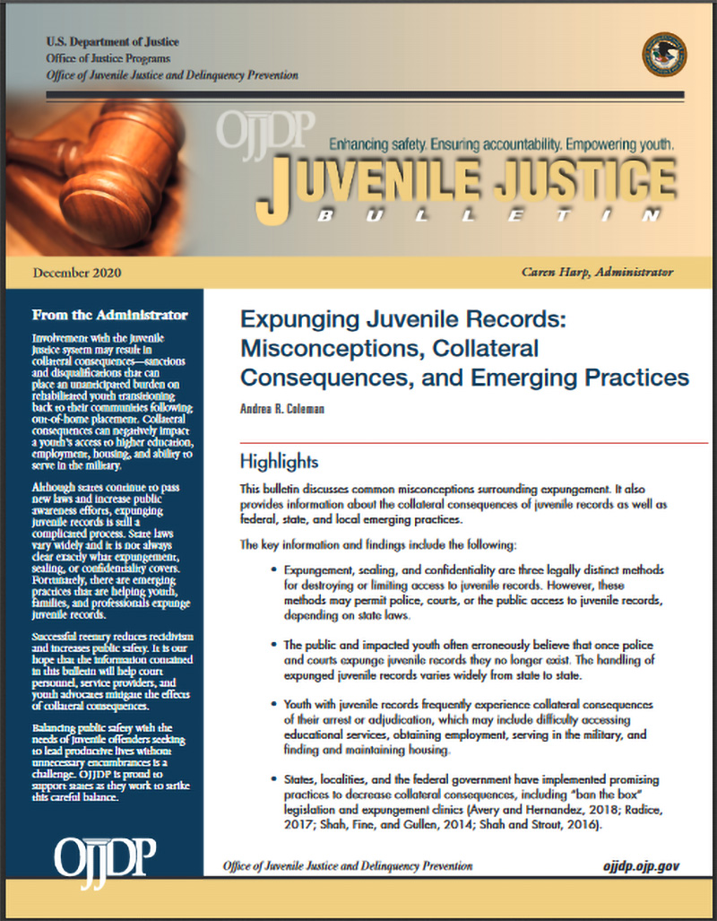 Thumbnail of Expunging Juvenile Records: Misconceptions, Collateral Consequences, and Emerging Practices 