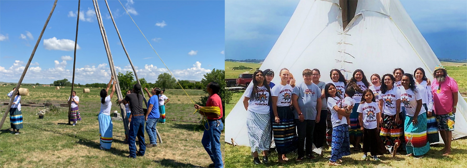 Two photos of youth and helpers erecting a tipi.