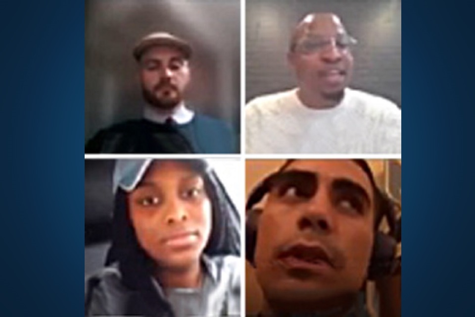 Screen shots of four panelists participating in a webinar—Stephen Kaplan, Derrell Frazier, Miguel Garcia, and Amiyah Davis