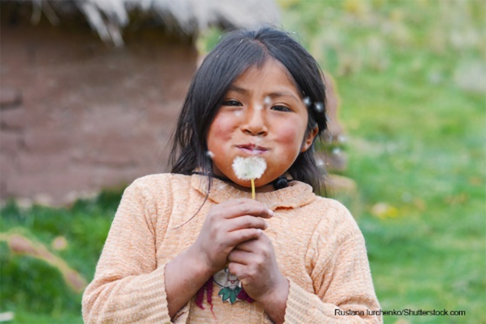Photo of a Native American girl blowing on a dandelion