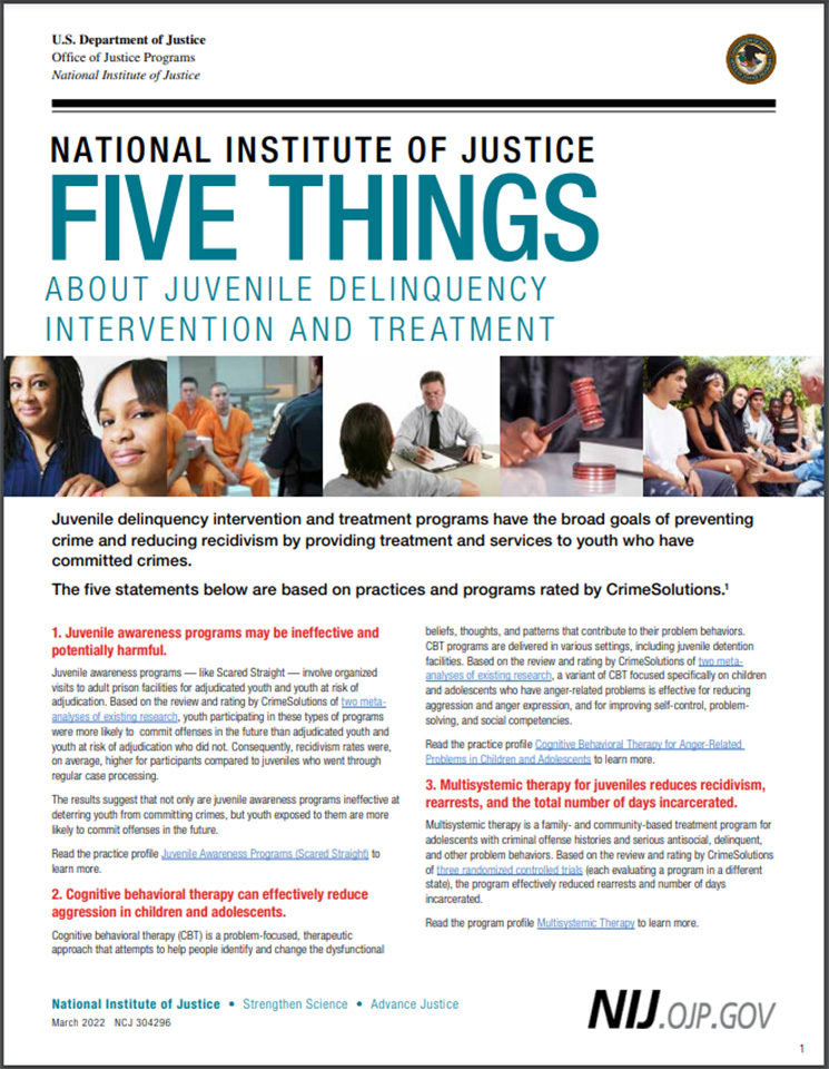 Thumbnail for the bulletin, Five Things About Juvenile Delinquency Intervention and Treatment