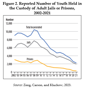 Figure 2. Reported Number of Youth Held in the Custody of Adult Jails or Prisons, 2002-2021