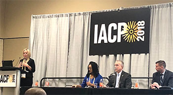 OJJDP Senior Policy Advisor Cynthia Pappas presents during a session on child victims of sex trafficking. She was joined by Cherice Hopkins, a staff attorney at Rights4Girls; Captain Kent Wegener of the Los Angeles County Sheriff’s Department Human Trafficking Bureau; and Captain Derek Prestridge of the Texas Department of Public Safety.