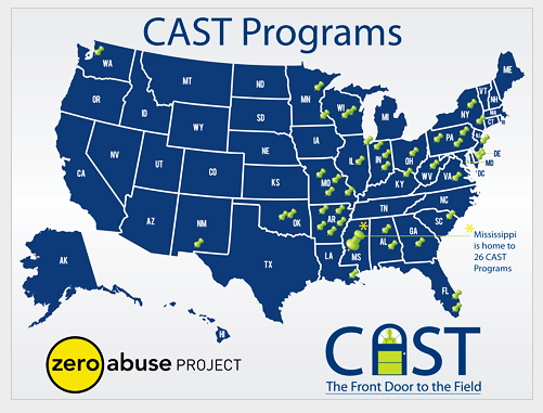 Map infographic showing which states have the Child Advocacy Studies Training (CAST) program.