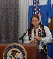 Photo of Morgan Fawcett, keynote speaker at the Office of Justice Programs' event marking National Native American Heritage Month.