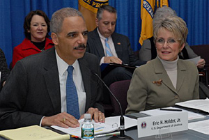 Photo of  Attorney General Eric Holder and OJJDP Acting Administrator Melodee Hanes.