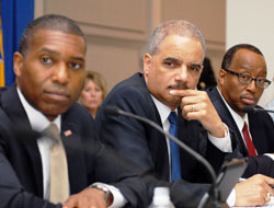 Photo of Attorney General Eric Holder, Acting Associate Attorney General Tony West, and OJJDP Administrator Robert L. Listenbee.