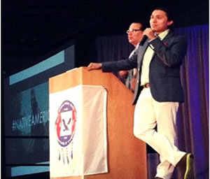 Migizi Pensoneau and Bobby Wilson, members of 1491s, a sketch comedy group, shared motivational messages and humor with the 1,400 youth who attended the conference.