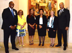 Speakers at this year’s National Missing Children’s Day observance. From left to right: Robert L. Listenbee, OJJDP Administrator; Karol V. Mason, Assistant Attorney General, Office of Justice Programs; Carlina White, abduction survivor; Loretta E. Lynch, U.S. Attorney General; Patty Wetterling, parent of a missing child and board chair of the National Center for Missing & Exploited Children; and William Campbell, Judicial Officer, U.S. Postal Service.
