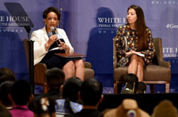 Attorney General Loretta Lynch (left) answers questions posed by the youth during a fireside chat on public safety and strong communities.