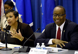 U.S. Attorney General and council chairperson, Loretta Lynch addresses the November 13 meeting of the Coordinating Council on Juvenile Justice and Delinquency Prevention. Seated next to her is OJJDP Administrator and vice chairperson of the council, Robert Listenbee.