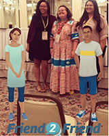 Presenters (left to right) Sutton King, Kaitlin Pinkerton, and Hilary Hullinger appear with Friend2Friend simulation avatars at the 2018 National Unity Conference in San Diego, CA. The simulation teaches high schoolers how to approach friends about sensitive topics.