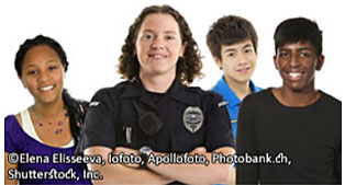 Stock photo of female police officer and three youth