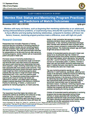 Research in Brief, Mentee Risk Status and Mentoring Program Practices as Predictors of Match Outcomes