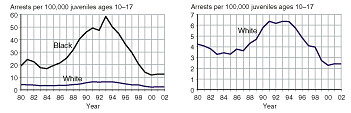 Eight charts comparing black juvenile arrest rates and white juvenile arrest rates for murder, robbery, aggravated assault, and Property Crime Index offenses, 1980-2002.