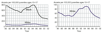 Eight charts comparing black juvenile arrest rates and white juvenile arrest rates for murder, robbery, aggravated assault, and Property Crime Index offenses, 1980-2002.