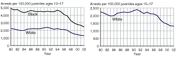 Eight charts comparing black juvenile arrest rates and white juvenile arrest rates for murder, robbery, aggravated assault, and Property Crime Index offenses, 1980-2002.