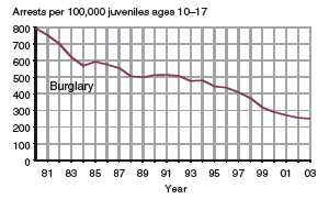 Eight charts showing arrests of juveniles per 100,000 juveniles ages 10-17, for murder, forcible rape, robbery, aggravated assault, burglary, larceny-theft, motor vehicle theft, and arson, 1980-2003.