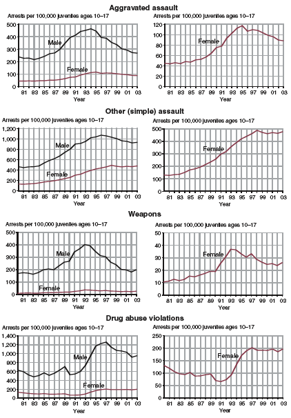 Eight charts showing arrests of male and female juveniles per 100,000 juveniles ages 10-17, for aggravated assault, simple assault, weapons offenses, and drug abuse violations, 1980-2003.