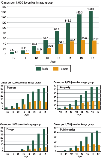 Five figures showing  delinquency case rates by offense category, age, and gender, 2002.
