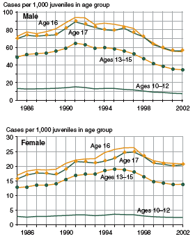 Two figures showing property offense case rates for male juveniles and female juveniles, respectively, by age group, for 1985 through 2002.