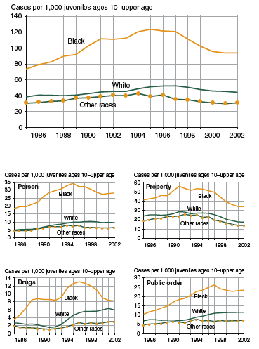 Five figures showing delinquency case rates by race and offense category, 1985-2002.
