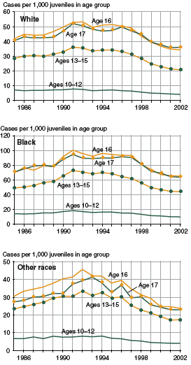 Three figures showing property offense case rates by age and racial group (white youth, black youth, youth of other races) from 1985 through 2002.