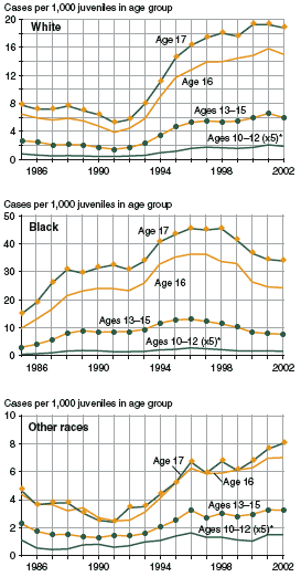 Three figures showing drug offense case rates by age and racial group (white youth, black youth, youth of other races) from 1985 through 2002.