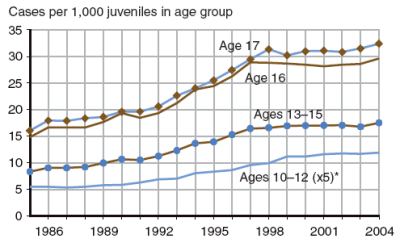 Figure showing public order offense case rates for juveniles by age group for 1985 through 2004.
