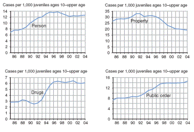 Four figures showing delinquency case rates for person, property, drug, and public order offenses from 1985 through 2004.