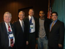 From left to right: Ron Laney, Associate Administrator, Child Protection Division, OJJDP; Ernie Allen, President and CEO, National Center for Missing & Exploited Children; Chris Newlin, Executive Director, National Children's Advocacy Center; David Tyree, NFL player; and J. Robert Flores, Administrator, OJJDP, at the National Symposium on Child Abuse in Huntsville, AL.