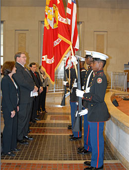The Marine Corps' Jr. Reserve Officers' Training Corps Color Guard from Crossland High School in Temple Hills, MD, presenting the flag during the Missing Children's Day ceremony.