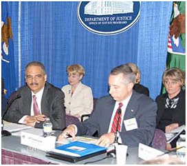 Attorney General Eric Holder chaired the April 19, 2010, meeting of the Coordinating Council on Juvenile Delinquency and Justice Prevention. With him are Jeff Slowikoswki, Acting OJJDP Administrator (right); Laurie Robinson, Assistant Attorney General for the Office of Justice Programs (second row, left); and Melodee Hanes, Counselor to the Administrator and Acting Deputy Administrator for Policy, OJJDP (second row, right). Attorney General Eric Holder chaired the April 19, 2010, meeting of the Coordinating Council on Juvenile Delinquency and Justice Prevention. With him are Jeff Slowikoswki, Acting OJJDP Administrator (right); Laurie Robinson, Assistant Attorney General for the Office of Justice Programs (second row, left); and Melodee Hanes, Counselor to the Administrator and Acting Deputy Administrator for Policy, OJJDP (second row, right).