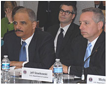 Attorney General Eric Holder; Thomas Abt, Chief of Staff, Office of Justice Programs; and Jeff Slowikowski, Acting Administrator
