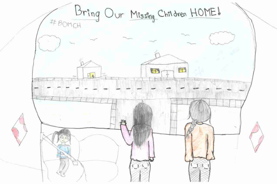 Poster features parents waiving to kids and features the phrase "Bringing Our Missing Children Home"