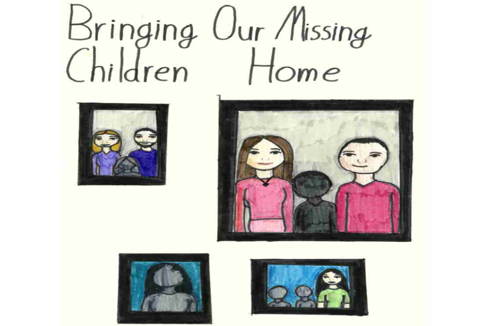 Poster features pictures of families and missing children and reads "Bringing Our Missing Children Home"