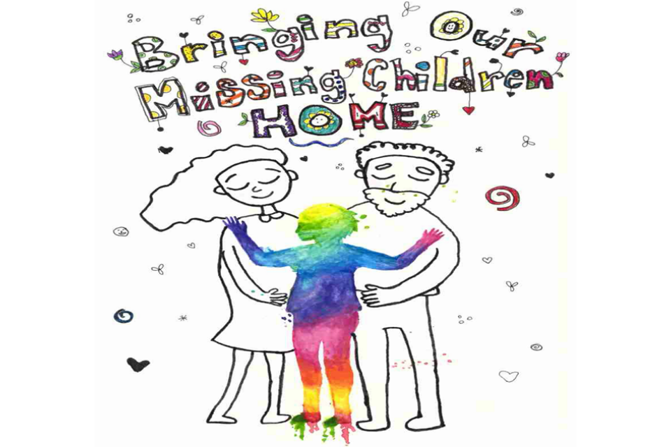 Poster features parents hugging a child and features the phrase "Bringing Our Missing Children Home"
