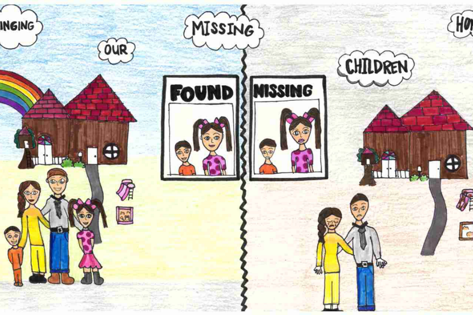 Poster includes a family together with "found" and another side with parents without the kids and a sign that says "missing." The poster features the phrase "Bringing Our Missing Children Home"
