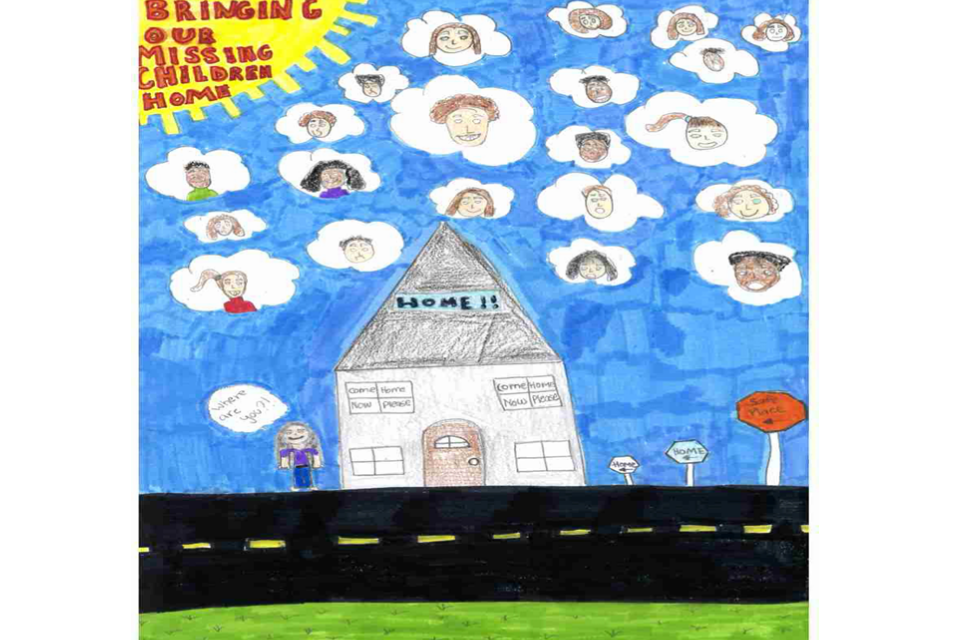 Poster featuring clouds filled with missing children and features the phrase "Bringing Our Missing Children Home"