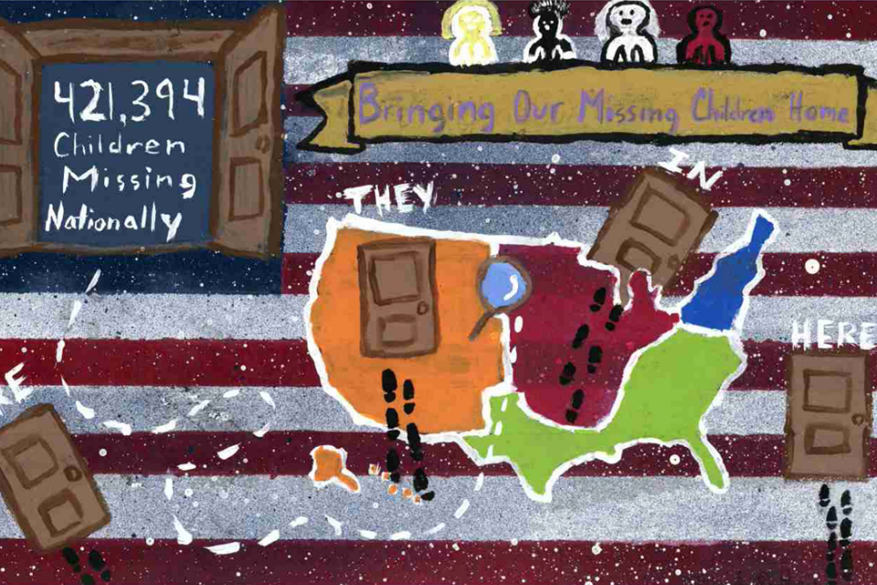 Poster of the American Flag in the background and a map of the USA with footprints leading to the doorway. Features the phrase "Bring Our Missing Children Home"