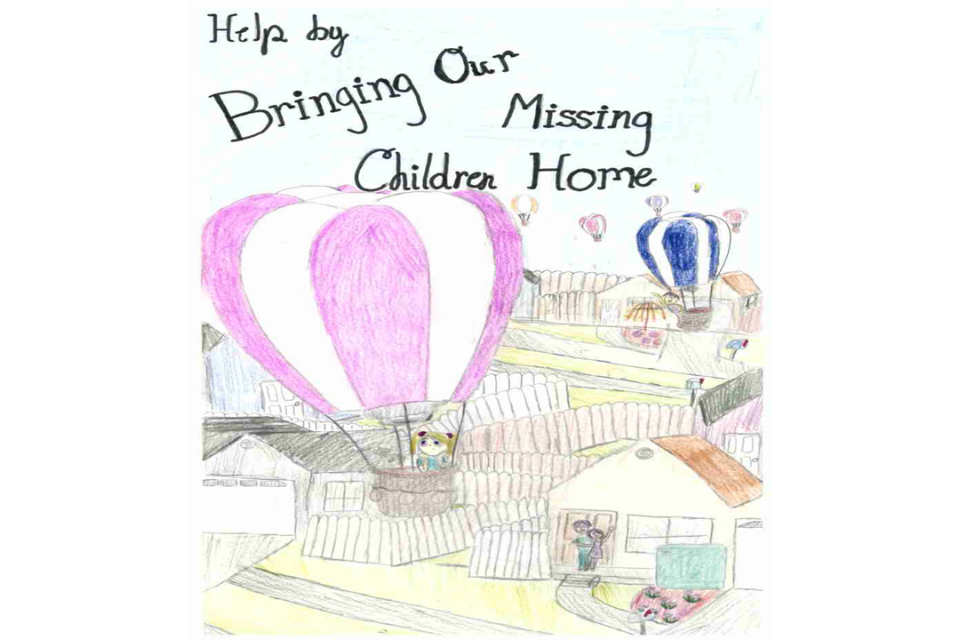 Poster of children flying in the sky in hot air balloons and features the phrase "Help by Bringing Our Missing Children Home"