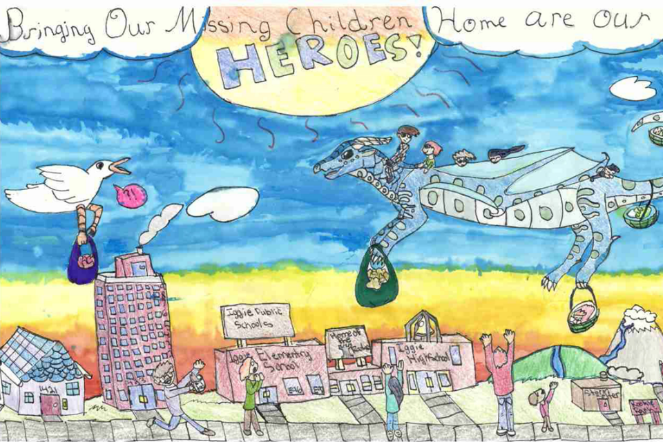 This poster features the sky with the sunrise and a dragon, as well as missing children and a hero on the dragon's back. The poster features the phrase "Bringing Our Missing Children Home are our Heroes!"