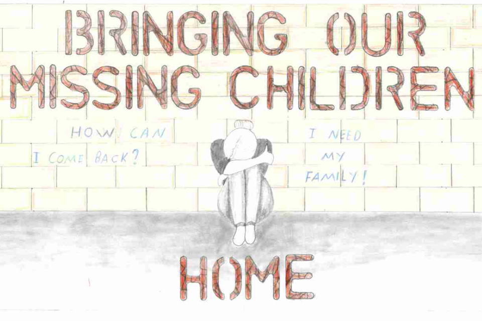 This poster features a child sitting against a wall with her head down. It features the phrase "Bringing Our Missing Children Home. How can I come back? I need my family!"