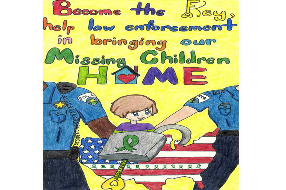 This poster features That is why I made a key of awareness unlocking the lock to the missing child with the child coming out of the lock into the safety of police. It includes the phrase "Become the key, help law enforcement in bringing our missing children home"