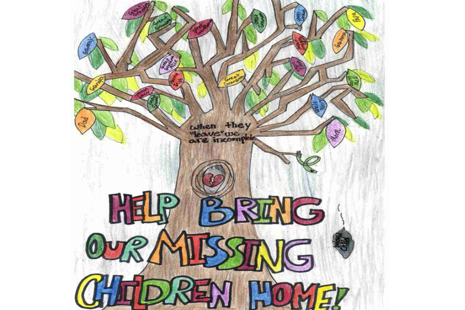 This poster includes a mighty oak tree which includes a family tree within its leaves. the grey leaf falling represents the missing child. The poster features the phrase "Help Bring Our Missing Children Home!"