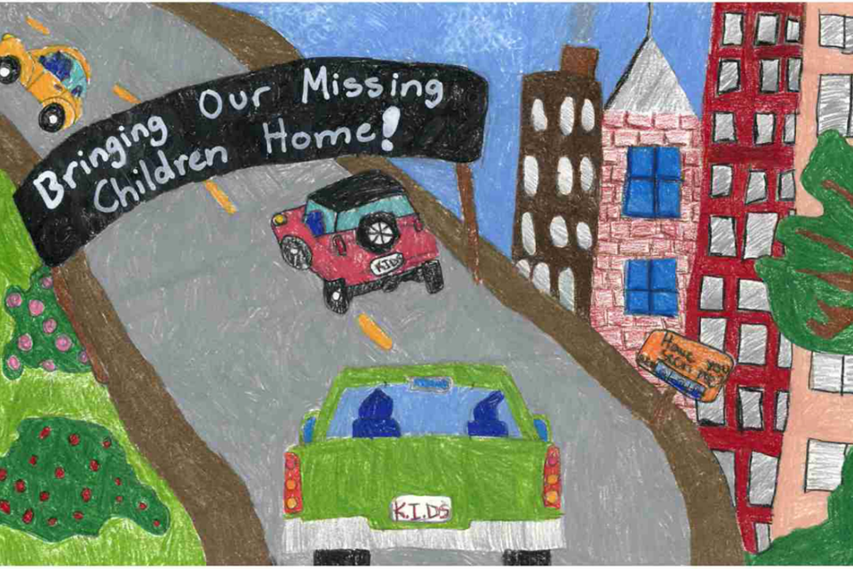 This poster shows cars driving on a highway through a city. The highway sign says "Bringing Our Missing Children Home!"