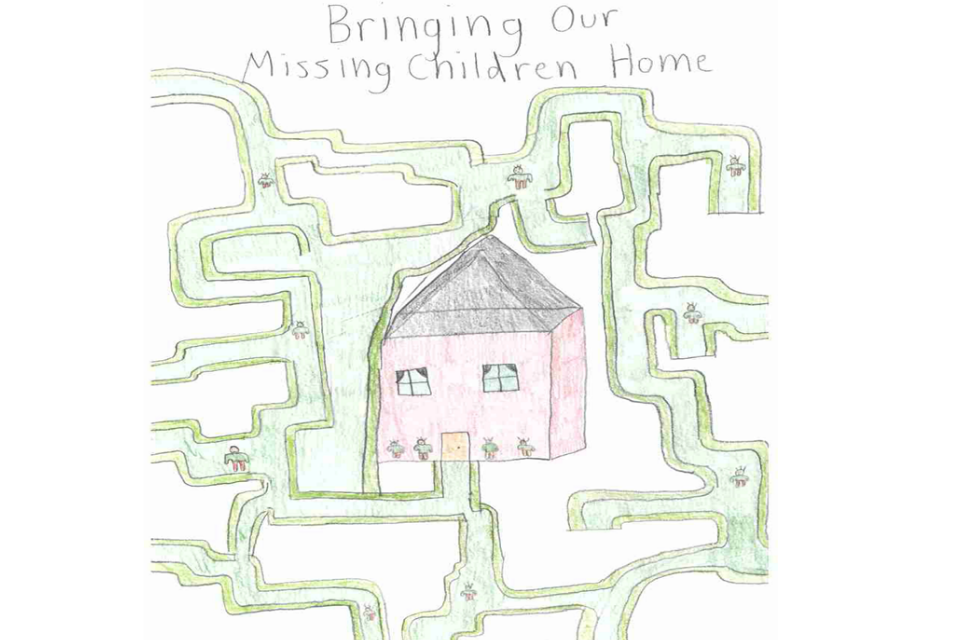 This poster shows a house with children in it and a difficult maze representing how children can't find their home. The poster features the phrase "Bringing Our Missing Children Home"