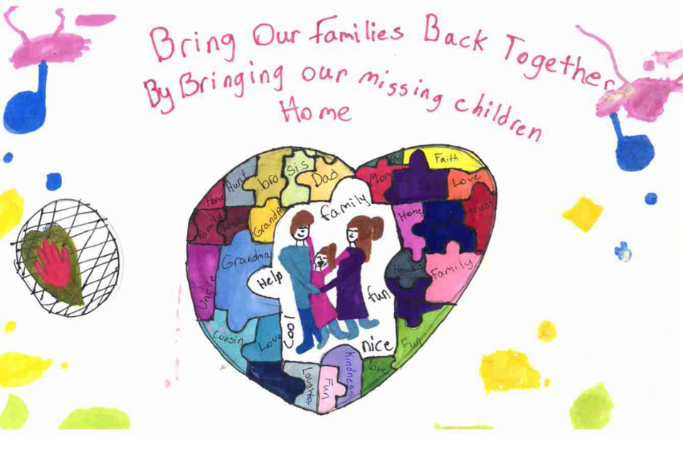 This poster includes a family inside of a puzzle piece-filled heart. The poster features the phrase "Bringing Our Families Back Together by Bringing Our Missing Children Home"