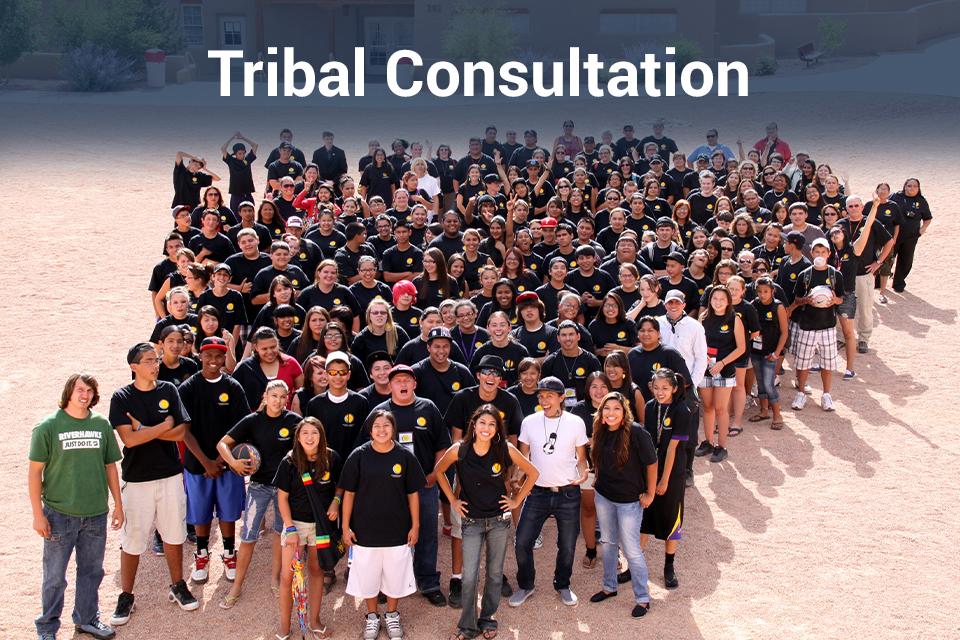Image of  numerous Tribal youth standing together for a photo. Includes "Tribal Consultation"